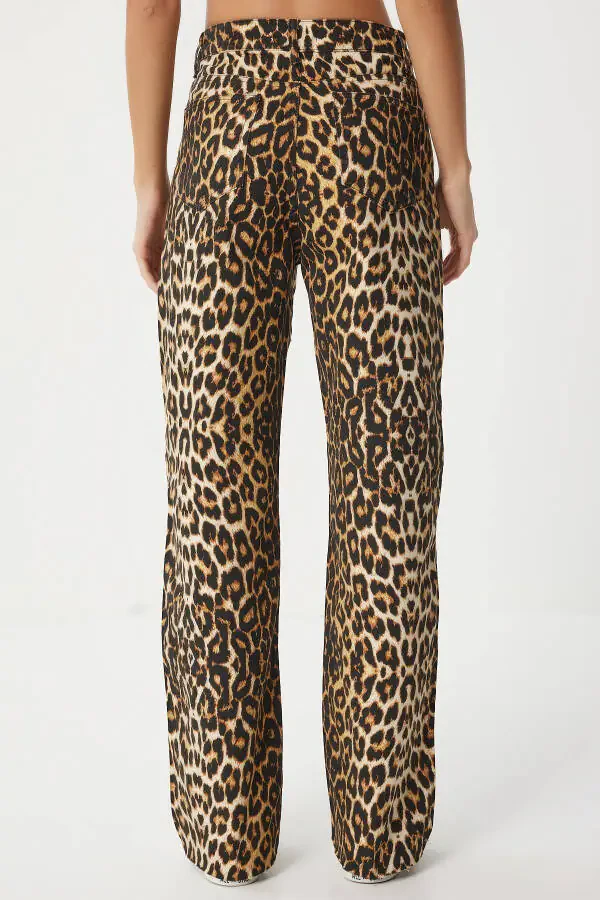 Women's Black Beige Leopard Print Straight Jeans RH00029 - 5