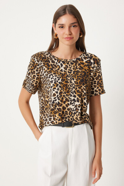 Women's Black Beige Leopard Print V-Neck Knit Viscose Blouse FN03285 - HAPPINESS İSTANBUL (1)