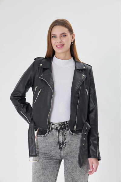 Women's Black Belt Leather Jacket - 2