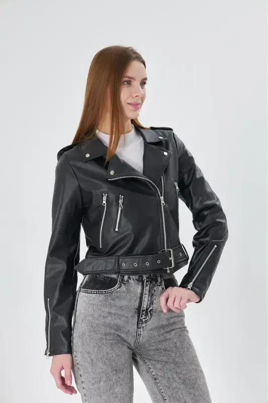 Women's Black Belt Leather Jacket - 1