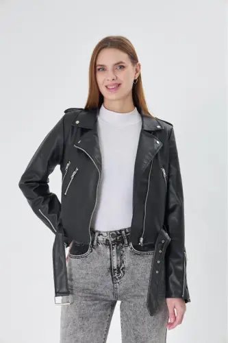 Women's Black Belt Leather Jacket - ALINTERYY (1)