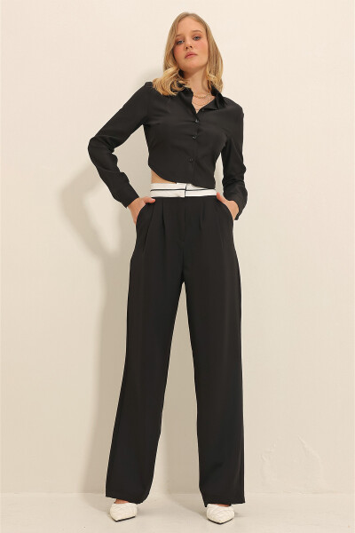 Women's Black Belt Pleated Double Pocket Palazzo Pants ALC-X11313 - 4