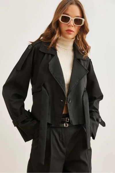 Women's Black Belted Detail Crop Jacket CKT-19000412 - OLALOOK