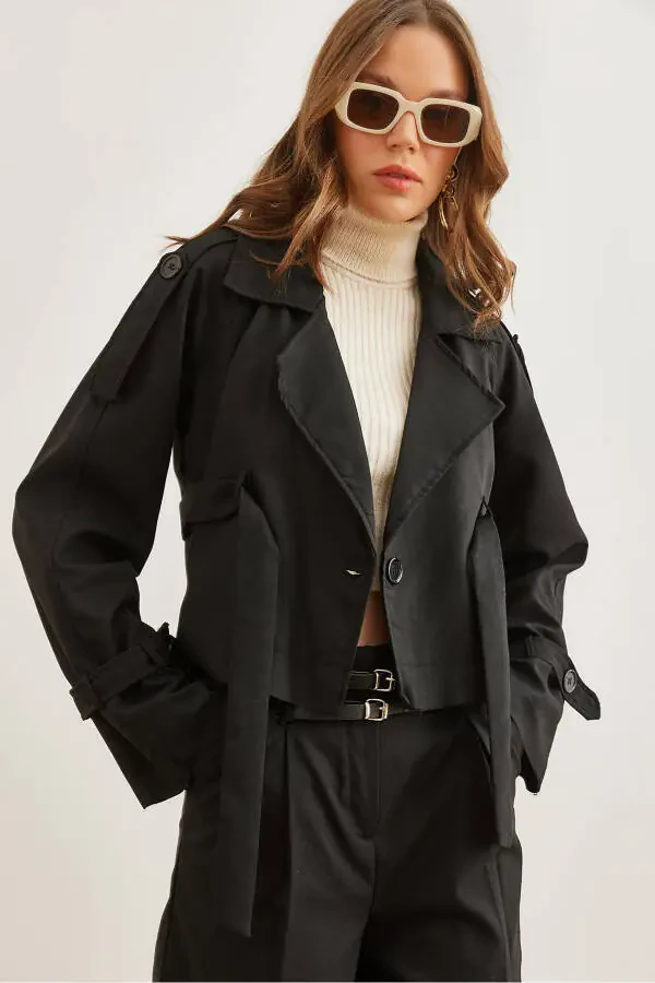 Women's Black Belted Detail Crop Jacket CKT-19000412 - 1