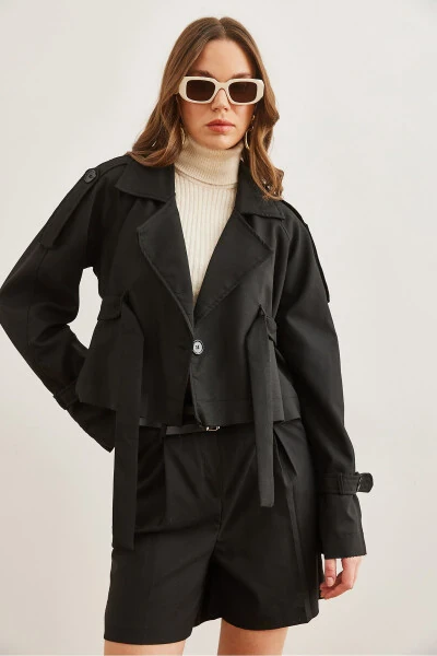 Women's Black Belted Detail Crop Jacket CKT-19000412 - OLALOOK (1)