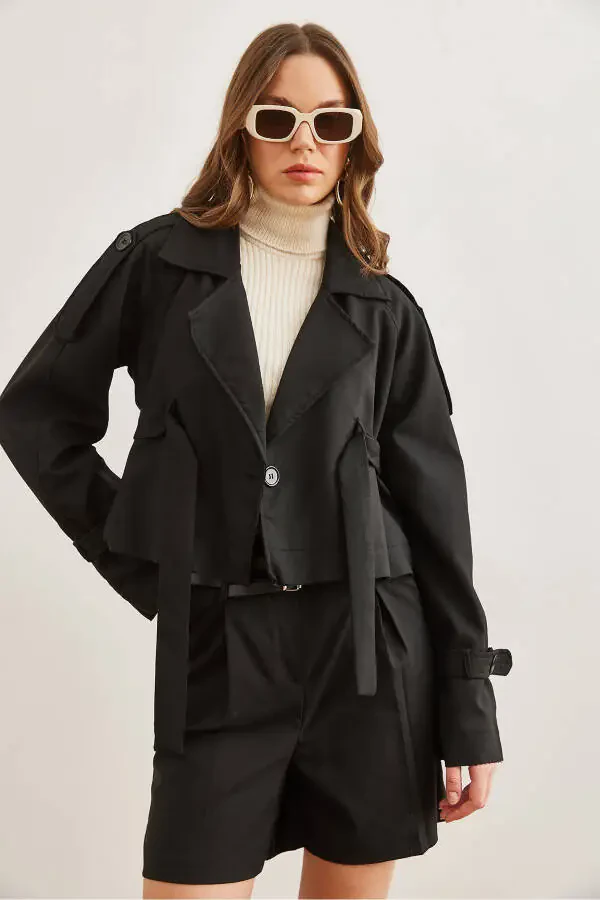 Women's Black Belted Detail Crop Jacket CKT-19000412 - 2