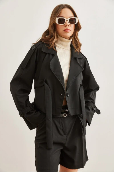 Women's Black Belted Detail Crop Jacket CKT-19000412 - 3