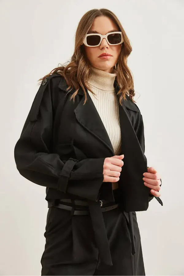 Women's Black Belted Detail Crop Jacket CKT-19000412 - 4