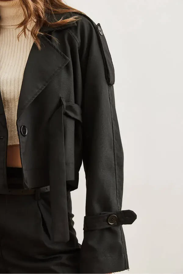 Women's Black Belted Detail Crop Jacket CKT-19000412 - 5