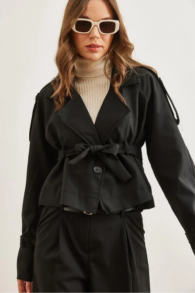 Women's Black Belted Detail Crop Jacket CKT-19000412 - 6