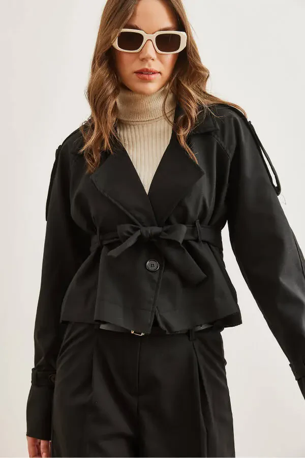Women's Black Belted Detail Crop Jacket CKT-19000412 - 6