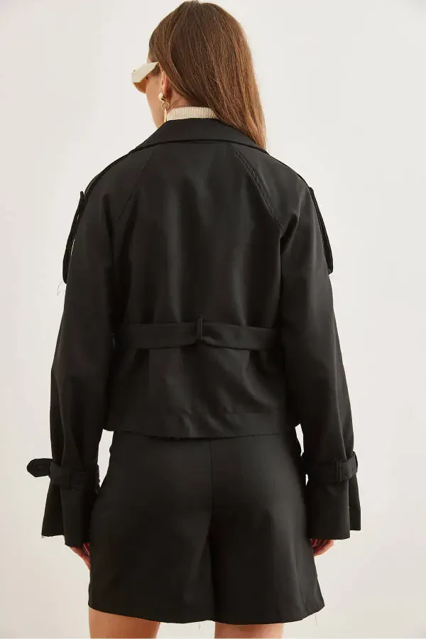 Women's Black Belted Detail Crop Jacket CKT-19000412 - 7