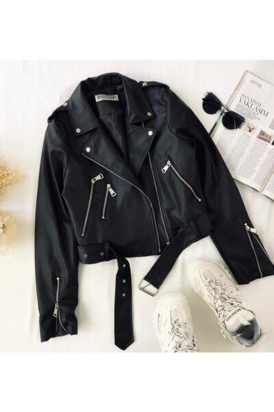 Women's Black Belted Leather Bomber Jacket - 4