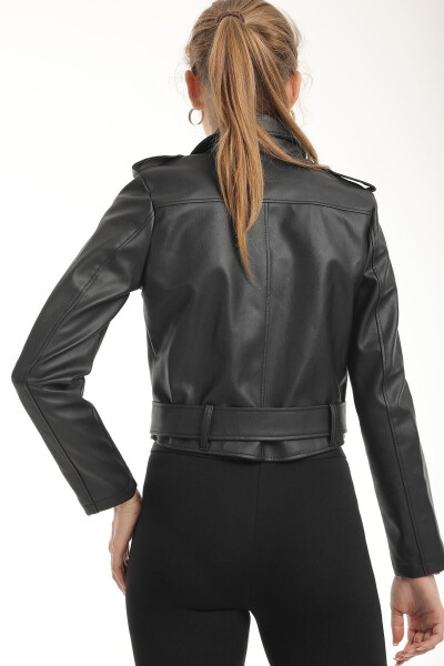 Women's Black Belted Leather Bomber Jacket - 5