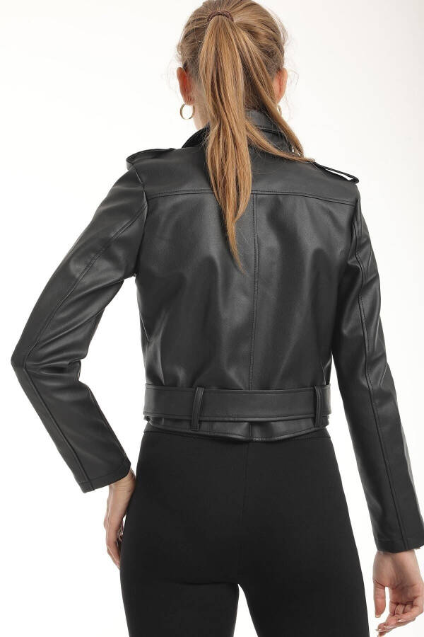 Women's Black Belted Leather Bomber Jacket - 2