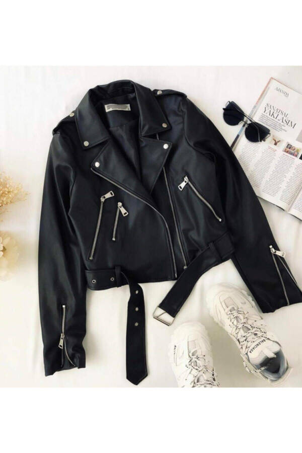 Women's Black Belted Leather Jacket - 3