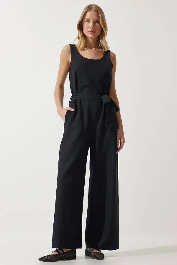 Women's Black Belted Linen Jumpsuit MC00282 - 1