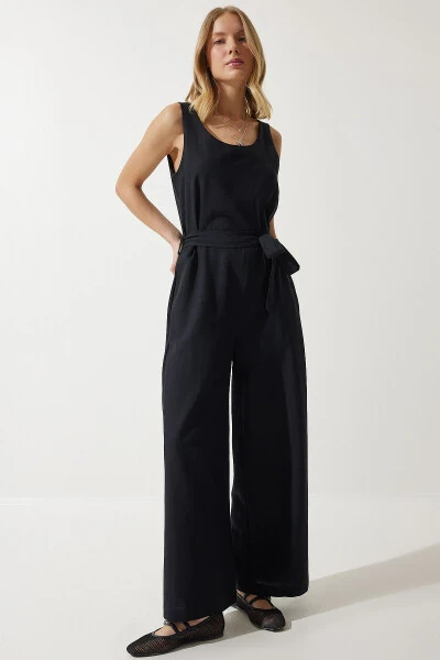 Women's Black Belted Linen Jumpsuit MC00282 - HAPPINESS İSTANBUL (1)