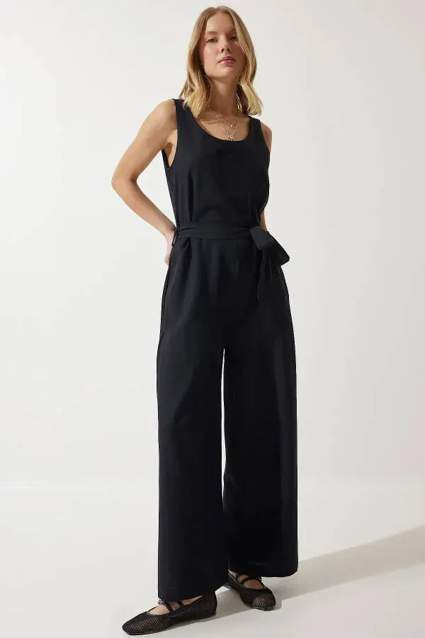 Women's Black Belted Linen Jumpsuit MC00282 - 2