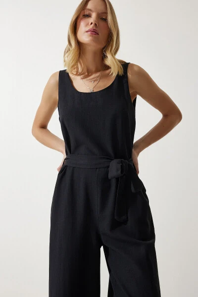 Women's Black Belted Linen Jumpsuit MC00282 - 3