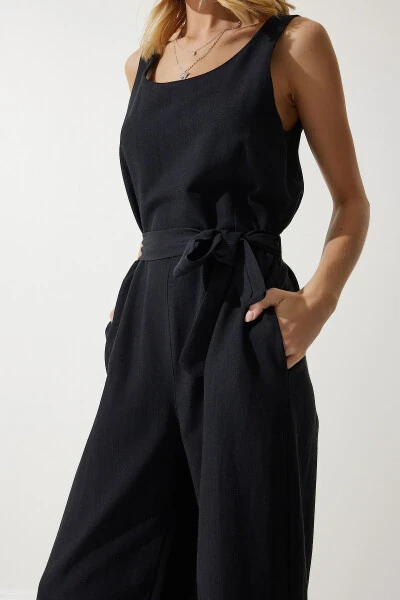 Women's Black Belted Linen Jumpsuit MC00282 - 4