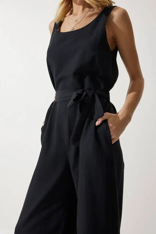 Women's Black Belted Linen Jumpsuit MC00282 - 4