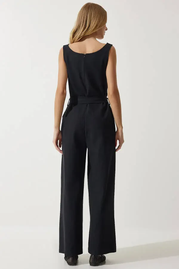Women's Black Belted Linen Jumpsuit MC00282 - 5