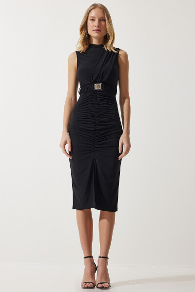 Women's Black Belted Ruched Bodycon Knit Dress DE00031 - 2