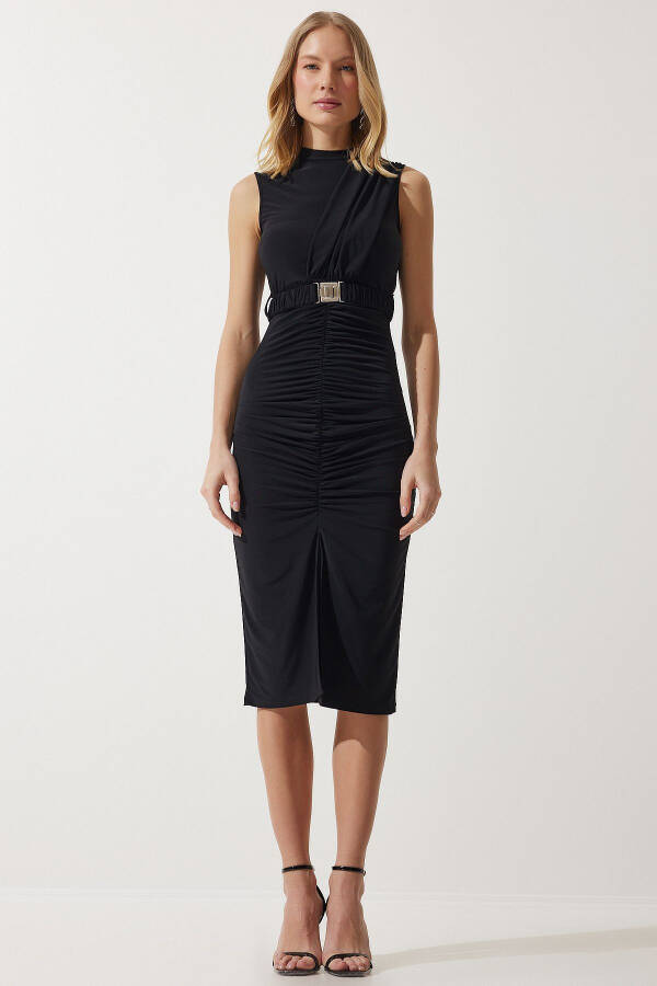 Women's Black Belted Ruched Bodycon Knit Dress DE00031 - 2