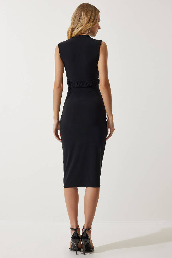 Women's Black Belted Ruched Bodycon Knit Dress DE00031 - 7