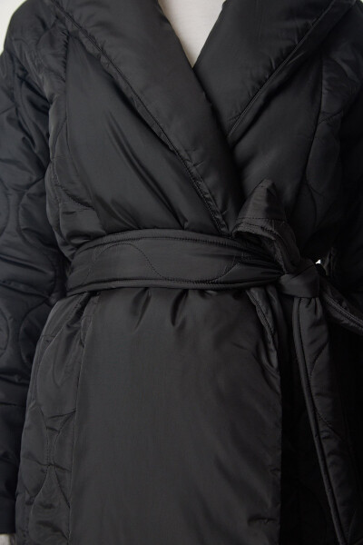Women's Black Belted Shawl Collar Quilted Coat dz00089 - 5