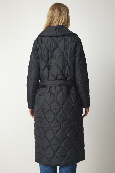 Women's Black Belted Shawl Collar Quilted Coat dz00089 - 6
