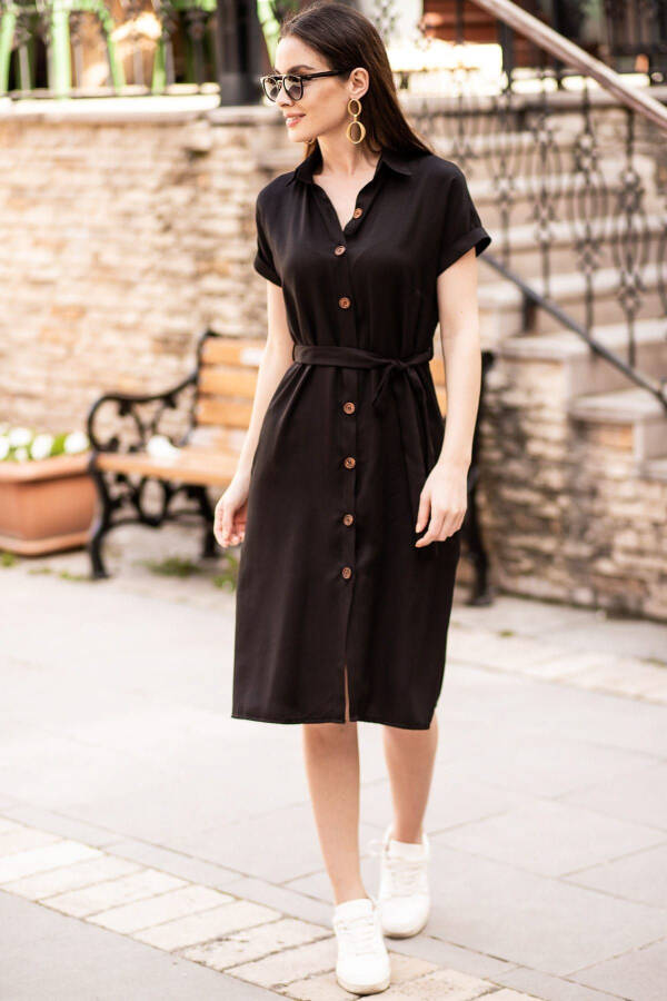 Women's Black Belted Short Sleeve Shirt Dress ARM-19Y001068 - 1