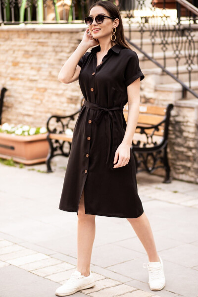 Women's Black Belted Short Sleeve Shirt Dress ARM-19Y001068 - 2