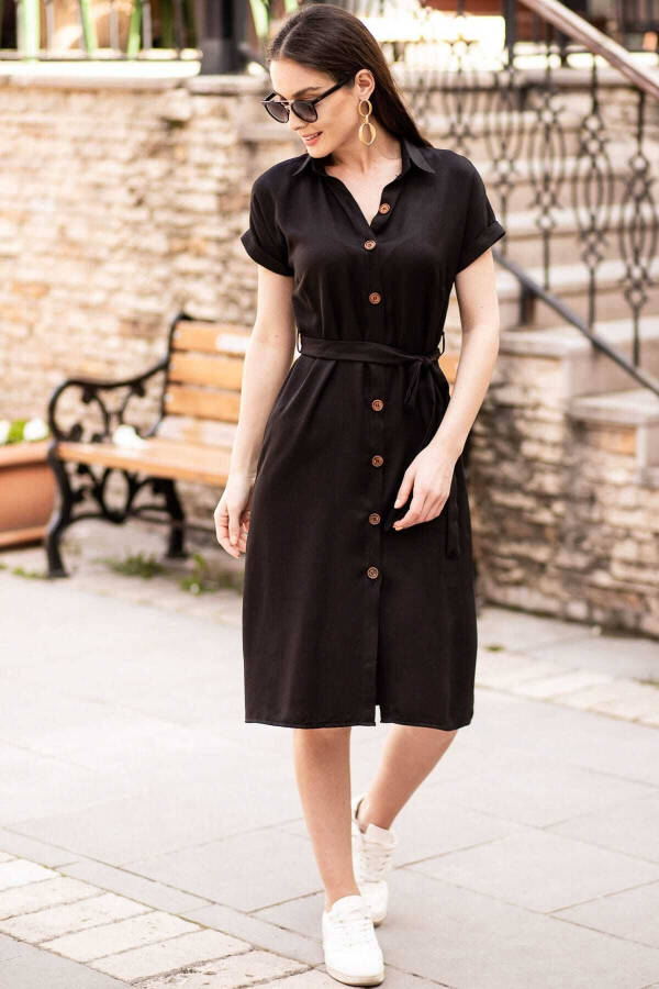 Women's Black Belted Short Sleeve Shirt Dress ARM-19Y001068 - 3