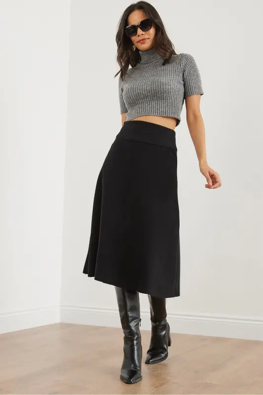 Women's Black Belted Thessaloniki Flare Skirt ETK-19000 - 1