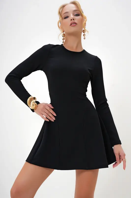 Women's Black Bike Collar Stitch Detailed Flared Mini Dress ALC-X10883-Black - 1