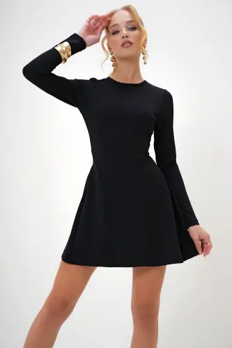 Women's Black Bike Collar Stitch Detailed Flared Mini Dress ALC-X10883-Black - 4