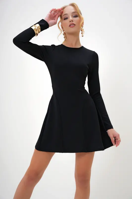 Women's Black Bike Collar Stitch Detailed Flared Mini Dress ALC-X10883-Black - 4