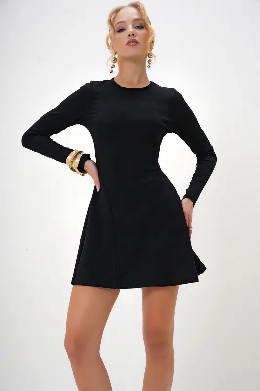Women's Black Bike Collar Stitch Detailed Flared Mini Dress ALC-X10883-Black - 5