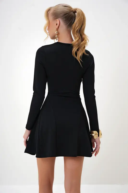 Women's Black Bike Collar Stitch Detailed Flared Mini Dress ALC-X10883-Black - 6