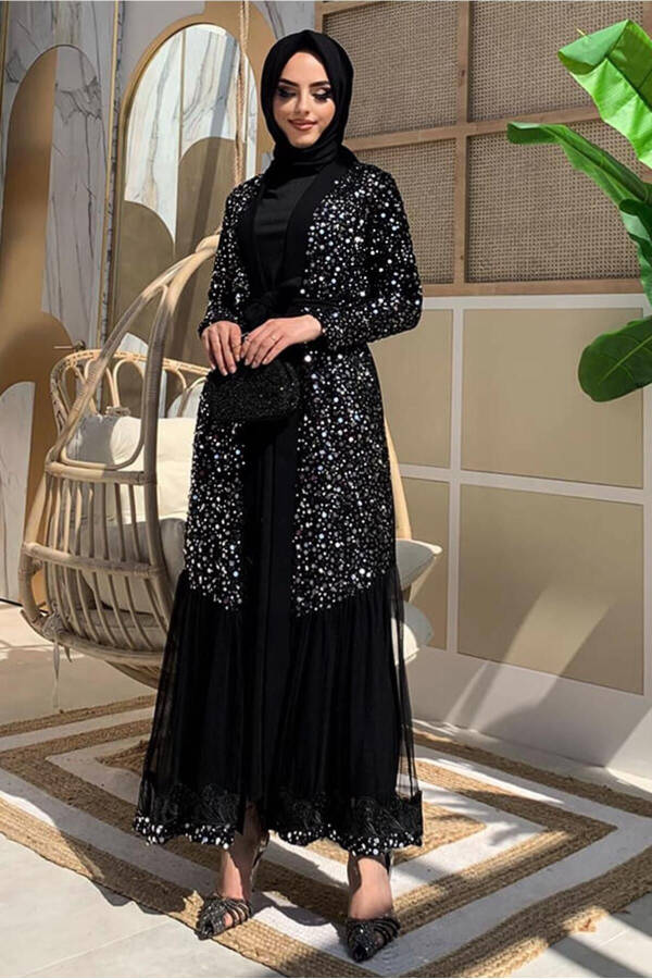 Women's Black (Black-Silver) Sequined Abaya T 6737 - 2