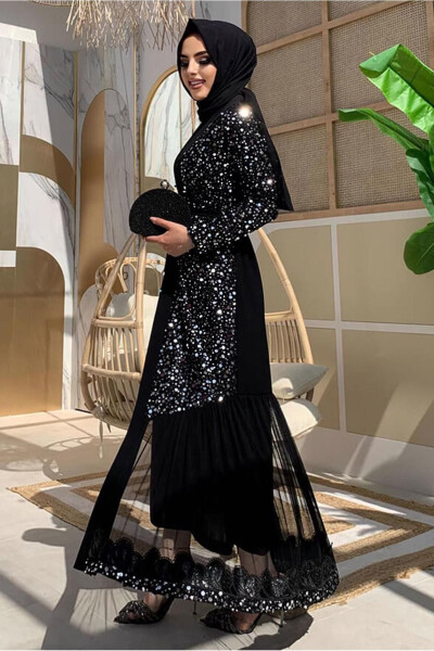 Women's Black (Black-Silver) Sequined Abaya T 6737 - 3