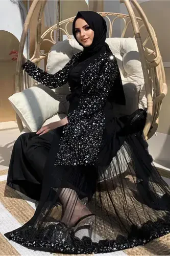 Women's Black (Black-Silver) Sequined Abaya T 6737 - 1
