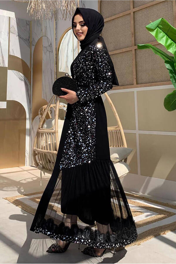 Women's Black (Black-Silver) Sequined Abaya T 6737 - 6