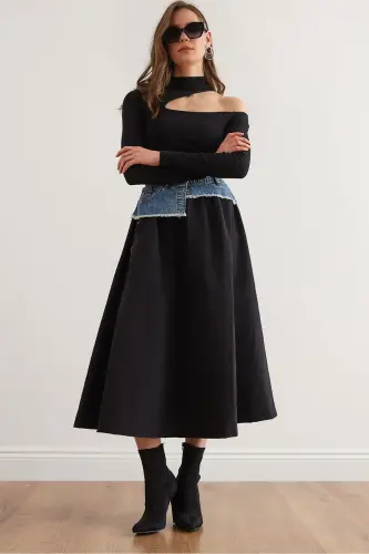 Women's Black Blue Denim Detailed Pocketed Parachute Bell Bottom - 1