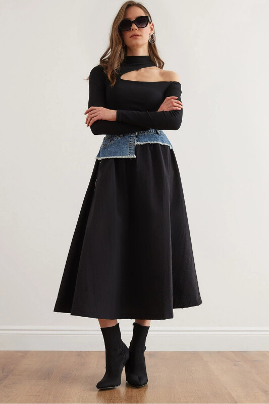 Women's Black Blue Denim Detailed Pocketed Parachute Bell Bottom - Olalook