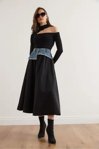 Women's Black Blue Denim Detailed Pocketed Parachute Bell Bottom - Olalook (1)