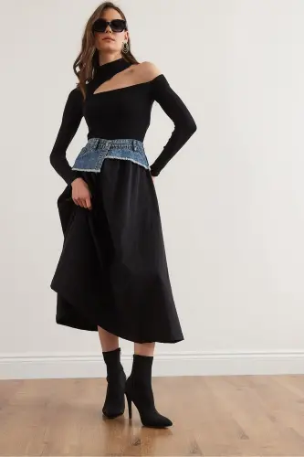 Women's Black Blue Denim Detailed Pocketed Parachute Bell Bottom - 3