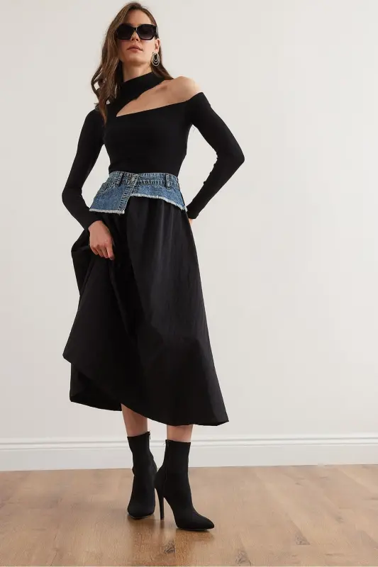 Women's Black Blue Denim Detailed Pocketed Parachute Bell Bottom - 3